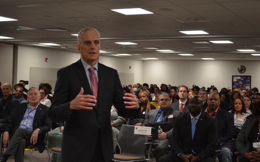 Department of Veterans Affairs Secretary Denis McDonough said Thursday, Feb. 9, 2023, that the Veterans Benefits Administration will hire 1,900 new employees to help process claims filed in response to a new law that allows benefits for toxic exposure. He spoke to job seekers at the Waco VA Regional Office in Texas.