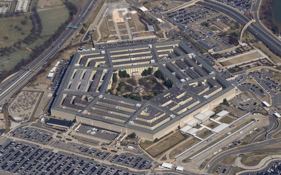 The Pentagon is seen from Air Force One as it flies over Washington, March 2, 2022. 