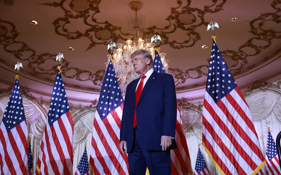 Former President Donald Trump arrives on stage to speak during an event at his Mar-a-Lago home on Nov. 15, 2022, in Palm Beach, Florida. 