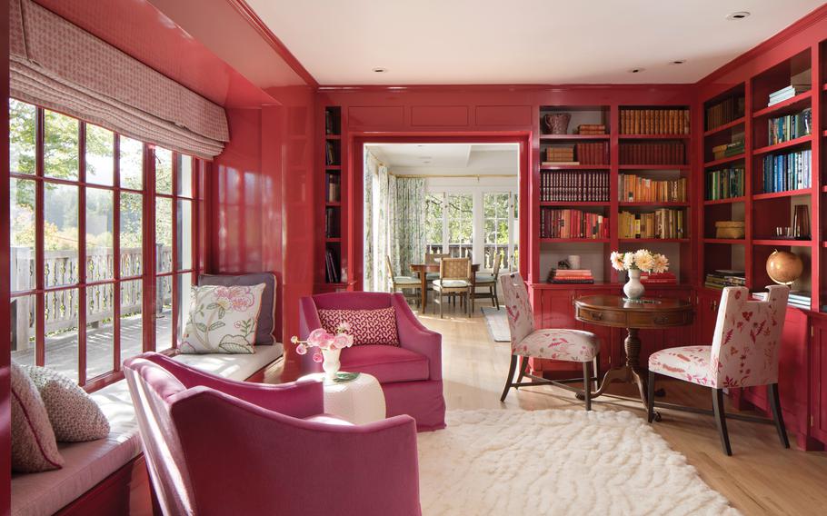 Designer Ann Lowengart created this pink library for a client who loves to wear the color.  To use your wardrobe to guide your decor, Lowengart advises thinking beyond the colors you wear most often, since, for many people, those may be black and neutrals. Instead, consider which pieces “light you up,” she says. 