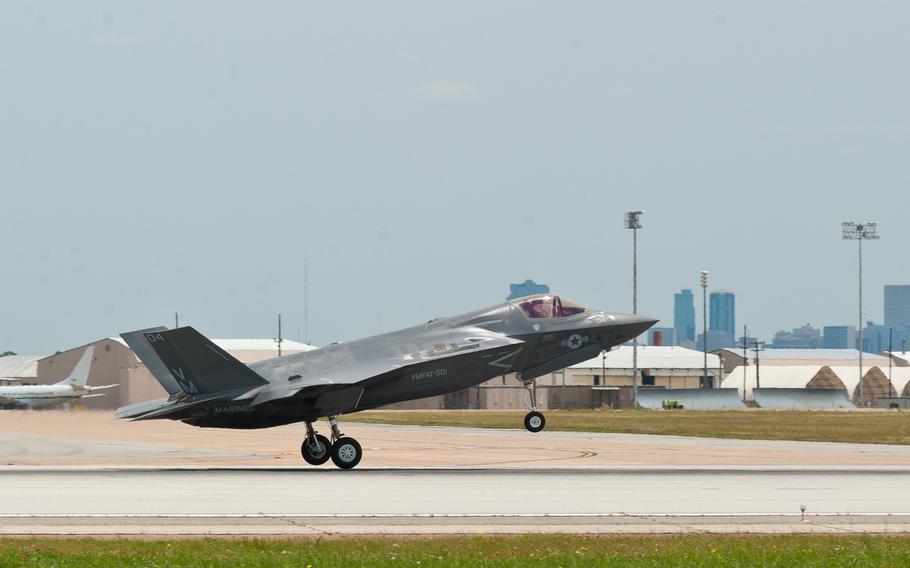 An F-35B Lightning II aircraft departs Naval Air Station Joint Reserve Base Fort Worth in Texas in 2012 for a flight to Eglin Air Force Base in Florida. 