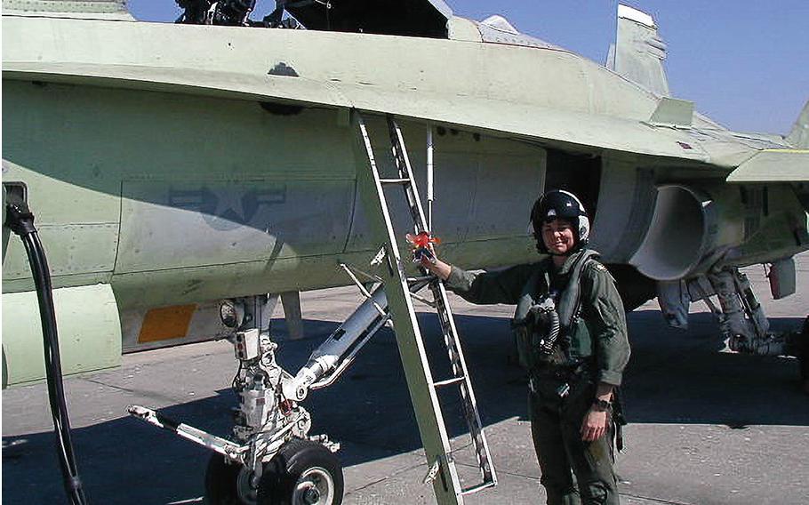 Kim Dyson prepares to fly a functional check flight in an aircraft that has just had its center section replaced. On Nov. 15, 1994, Dyson quietly made history when she became the first female pilot to fly an official combat mission for the U.S. military.