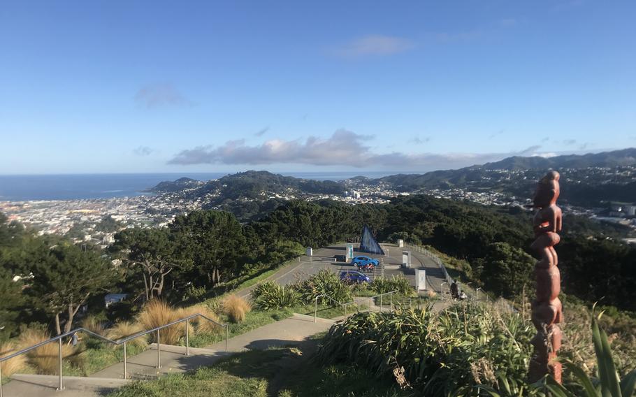 The view from the summit of Mount Victoria in Wellington, New Zealand, shows a tent-shaped memorial to U.S. Navy aviator and polar explorer Rear Adm. Richard Evelyn Byrd.