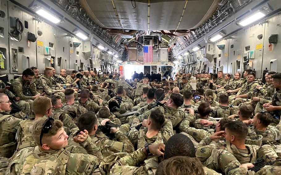National Guard Soldiers from the Minnesota-based 34th Infantry Division pack a U.S. Air Force-operated C-17 in August following the completion of their mission in Kabul, Afghanistan. Deployed in support of Operation Spartan Shield, about 400 Soldiers from 34th ID were temporarily relocated to Kabul, Afghanistan, and have since arrived safely in Kuwait, where they are assigned.