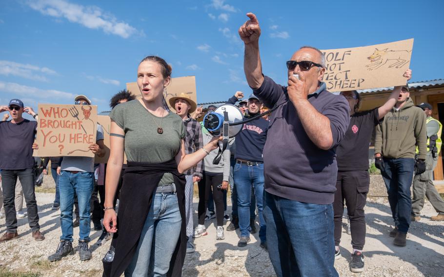 Civilian actors simulate an escalating protest during the Operation Bronze Shield training exercise June 14, 2023, at the Joint Multinational Training Center in Hohenfels, Germany. Civilian role players are hired to portray protesters, local officials and other positions during exercises. 