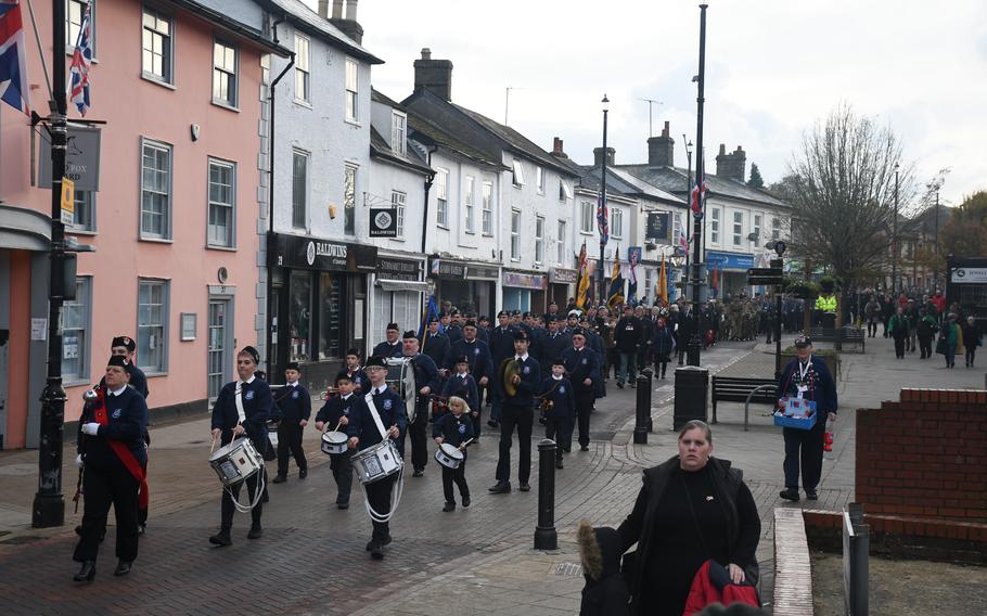 The Remembrance Day parade in Stowmarket, England, on Nov. 12, 2023, included 17 American airmen from the 48th Security Forces Squadron at RAF Lakenheath.