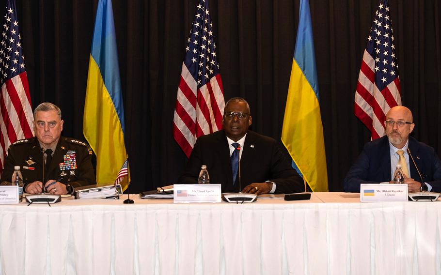 From right, U.S. Army Gen. Mark Milley, the chairman of the Joint Chiefs of Staff; U.S. Defense Secretary Lloyd Austin; and Ukrainian Defense Minister Oleksiy Reznikov give opening remarks to reporters in September at Ramstein Air Base in Germany. The base will host its third Ukraine Defense Contact Group later this month, according to U.S. military and German defense officials.