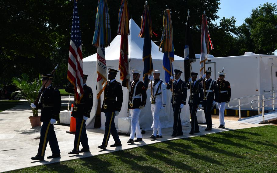 An honor guard marches in at the groundbreaking ceremony for the National Desert Storm Memorial on the National Mall in Washington, D.C., on Thursday, July 14, 2022.