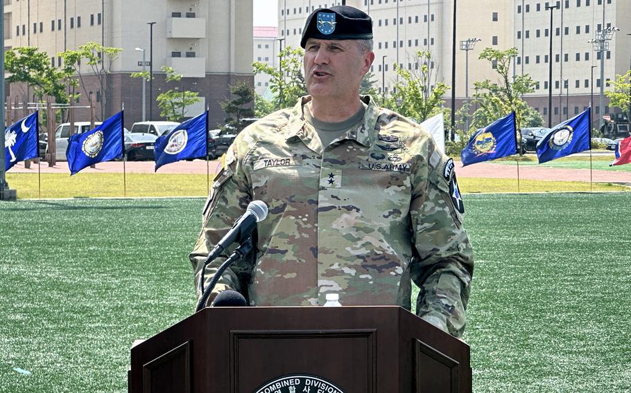 Army Maj. Gen. William Taylor gives his first speech as commander of the 2nd Infantry Division at Camp Humphreys, South Korea, Tuesday, May 16, 2023.