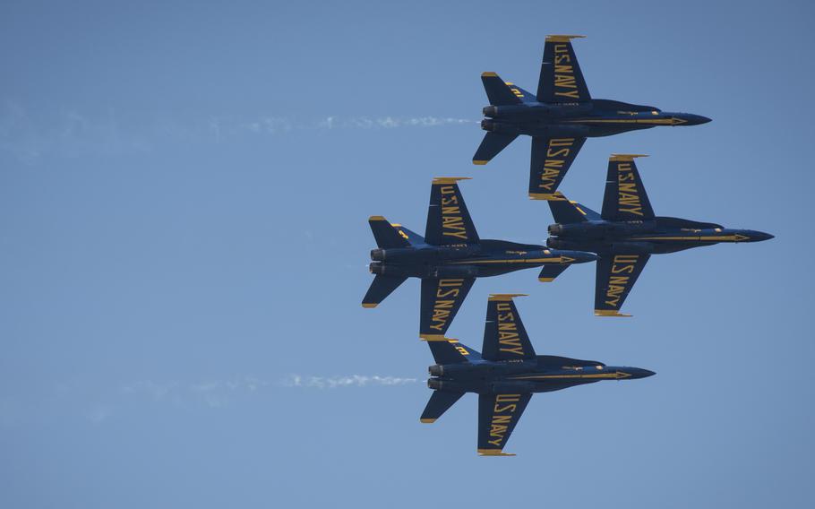 Four U.S. Navy Blue Angel F/A-18 Hornets fly in formation during their performance Sept. 1, 2018, at the Cleveland National Air Show. The Blue Angels will return to headline this year’s air show, which takes place Sept. 3-5.