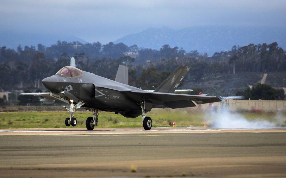An F-35C Lightning II stealth fighter lands at Marine Air Station Miramar, Calif., Jan. 21, 2020.