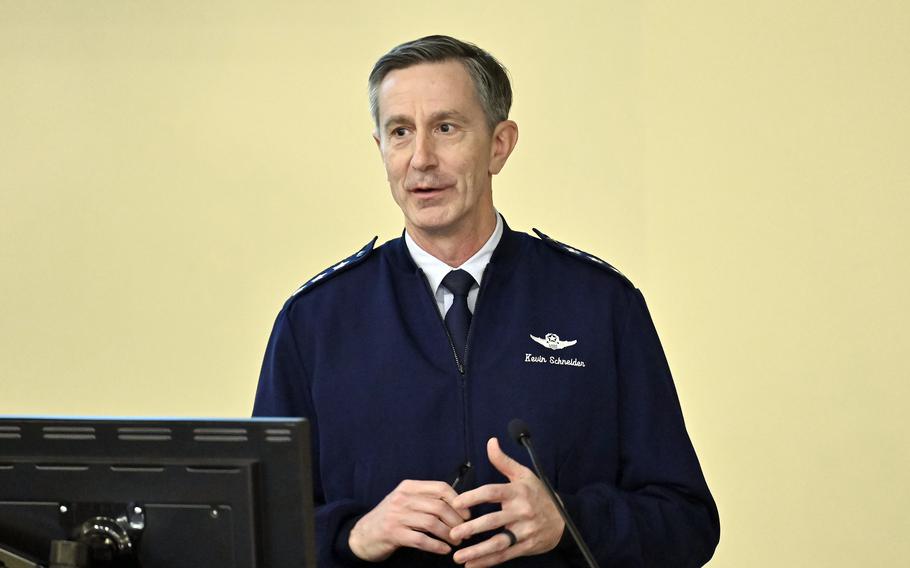 Lt. Gen. Kevin Schneider makes opening remarks during an Air Force symposium at Joint Base Andrews, Md., March 14, 2023. 