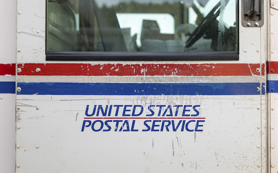 The weathered door of a mail truck in Athens, Ga. 