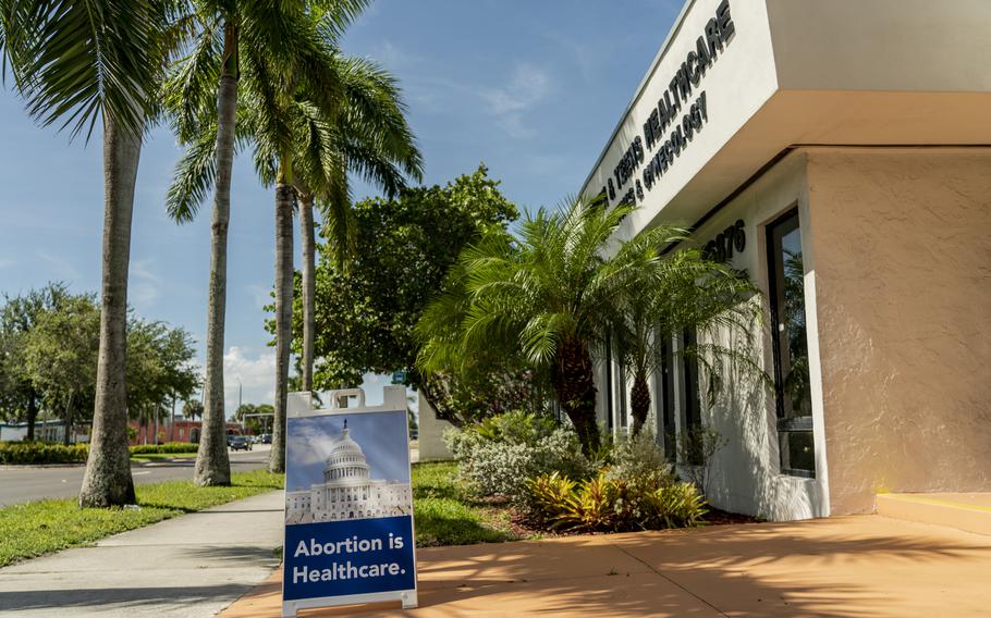 A sign in support of abortion rights outside a clinic in North Miami Beach, seen in July 2020.
