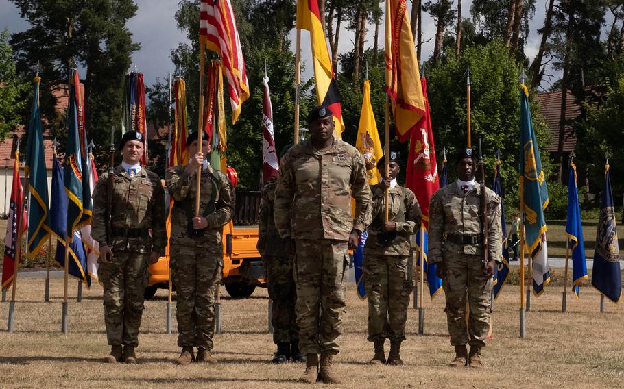 Col. Kevin A. Poole, incoming commander of U.S. Army Garrison Bavaria, stands at attention during a change of command ceremony at Tower Barracks in Grafenwoehr, Germany, July 12, 2022.
