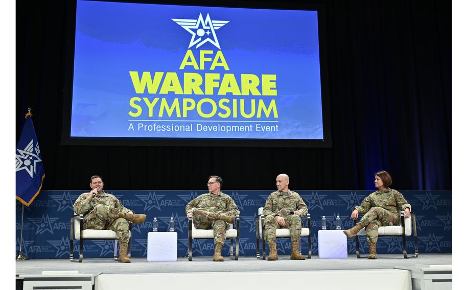 Chief of Space Operations Gen. Chance Saltzman, left, Chief Master Sgt. of the Space Force Roger Towberman, Air Force Vice Chief of Staff Gen. David Allvin and Chief Master Sgt. of the Air Force JoAnne Bass speak during the panel discussion “Warfighting from the Homefront: Senior Leaders Perspective” at the Air and Space Forces Association 2023 Warfare Symposium in Aurora, Colo., March 6, 2023. 