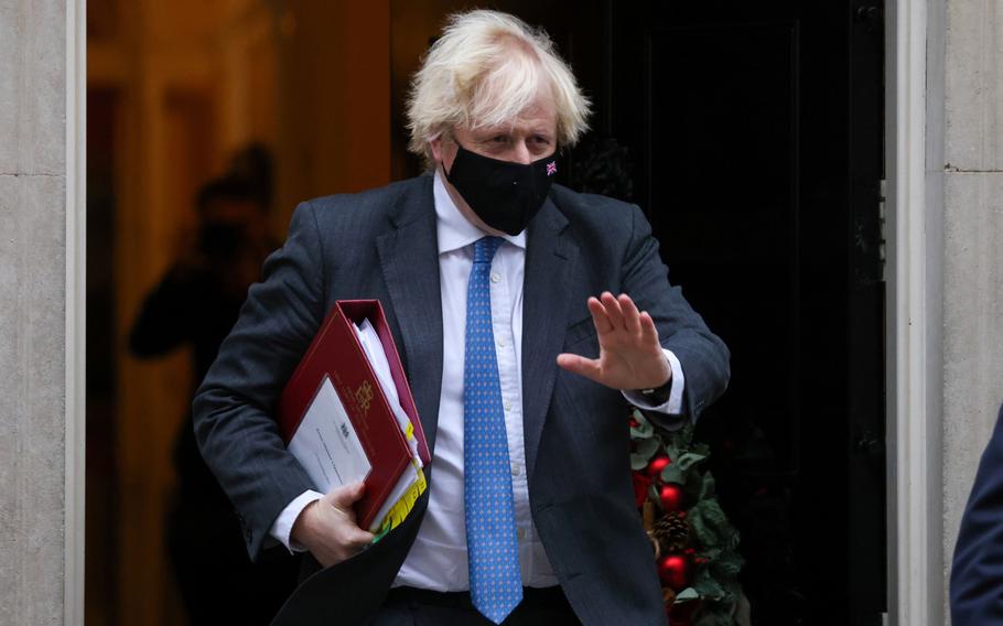 British prime minister Boris Johnson departs 10 Downing Street in London on Dec. 15, 2021.