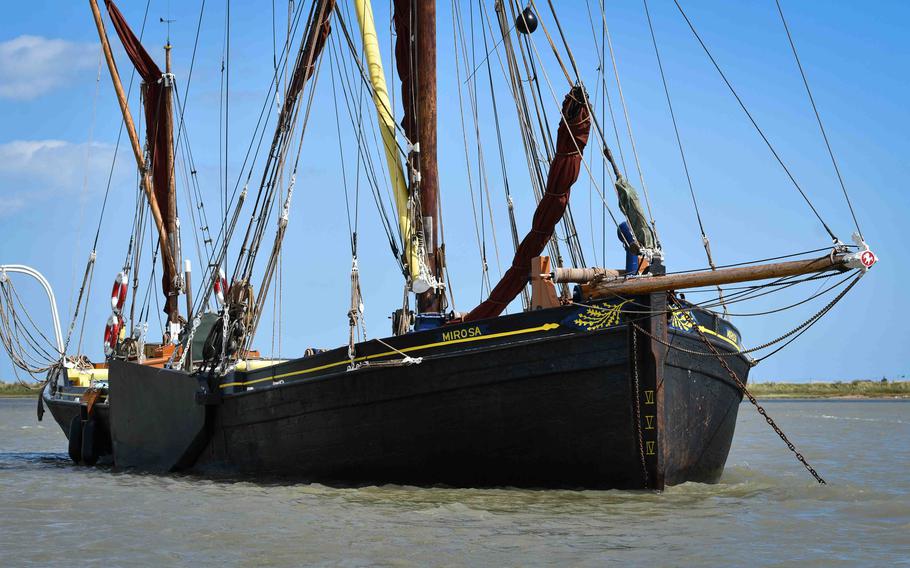 The Mirosa, seen Aug. 15, 2023, is a former trade vessel anchored along the banks of Orford Ness in England. The ship's crew once transported supplies along the shoreline.