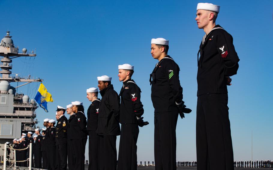 Sailors assigned to the USS Gerald R. Ford man the rails upon return from the ship’s eight-month maiden deployment, Wednesday, Jan. 17, 2024.