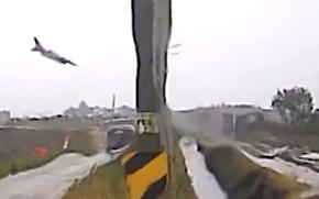 Surveillance footage shows an F-16C Fighting Falcon just before it crashed near Osan Air Base, South Korea, May 6, 2023. 