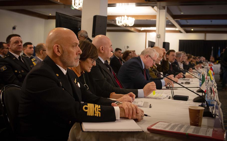Attendees listen to opening remarks at the Ukraine Defense Contact Group meeting Jan. 20, 2023, at Ramstein Air Base in Germany. The group will meet again Feb. 14 at NATO headquarters in Brussels.