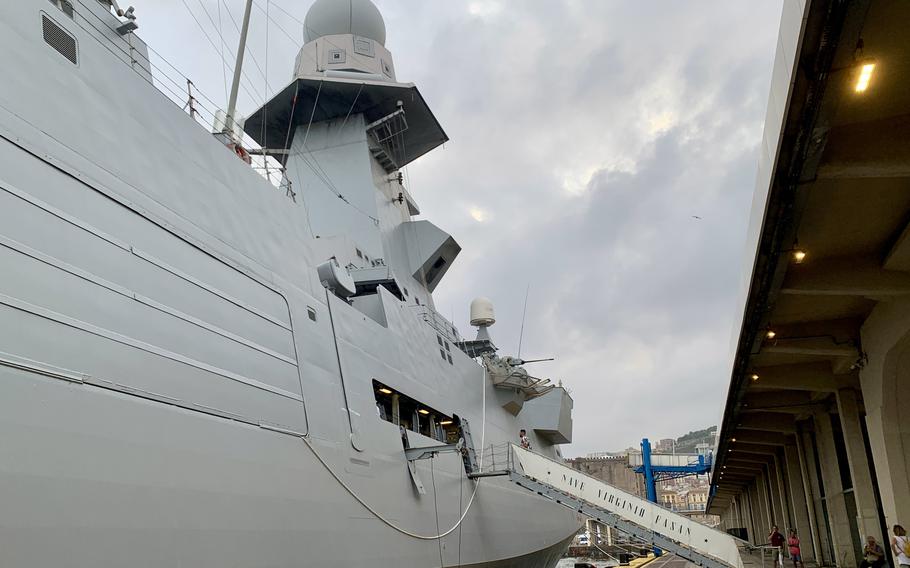 The Italian frigate ITS Virginio Fasan moored in the Port of Naples on Sept. 22, 2023. The ship, one of seven Carlo Bergamini-class frigates in the Italian navy, is slated to deploy with two U.S. carrier strike groups this fall  in the Mediterranea Sea. 