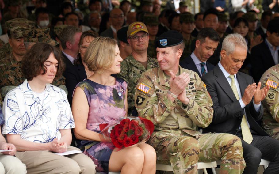 Maj. Gen. Joel “JB” Vowell smiles at his wife, Mary Vowell, during the U.S. Army Japan change-of-command ceremony at Camp Zama, June 20, 2023. Vowell relinquished command to Maj. Gen. David Womack. 
