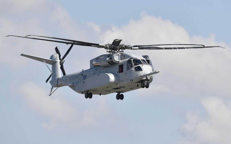 A Sikorsky CH-53K King Stallion heavy-lift cargo helicopter is on show at the ILA Berlin International Aerospace Exhibition at Schoenefeld airport near Berlin on April 25, 2018. 
