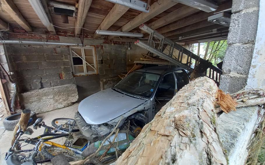 Damage from the mid-July flooding in Rittersdorf, Germany, on the Nims river, on July 31, 2021. Volunteers from the U.S. air bases in Spangdahlem and Ramstein came to the town to help clean up the damage.