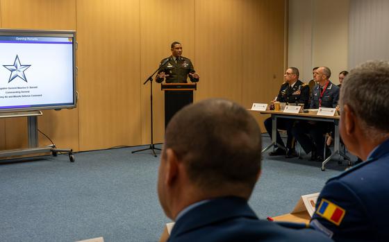 Brig. Gen. Maurice Barnett, commanding general of 10th Army Air and Missile Defense Command, speaks during a closed-door meeting with NATO allies and partners on Sembach Kaserne, Tuesday, April 9, 2024. The talks focused on integrating air defense capabilities. 