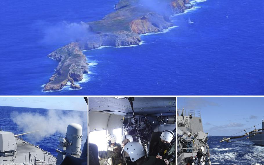 A combo photo posted on Friday, March 4, 2022, shows Japanese Maritime Self Defense assets conducting a bilateral exercise with the U.S. Navy and the U.S. Marine Corps to strengthen the capability of the Japanese-U.S. Alliance for effective deterrence and response.. 
