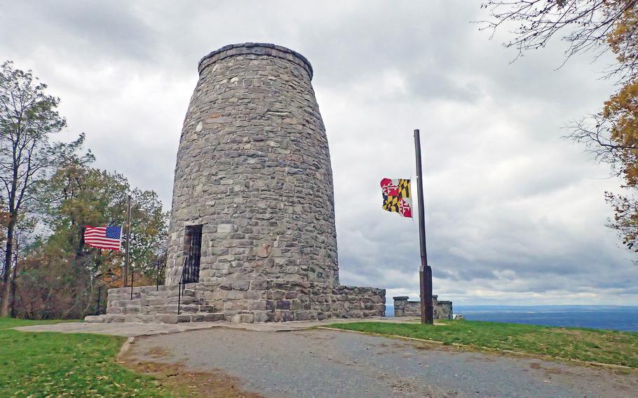 The first monument to George Washington was erected in 1827 on South Mountain, Md. The Appalachian Trail passes nearby.