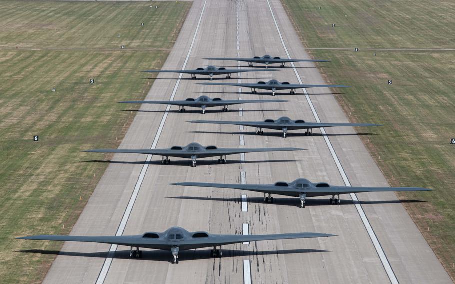 B-2 Spirit stealth bombers assigned to Whiteman Air Force Base taxi during exercise Spirit Vigilance on Whiteman Air Force Base, Mo., Nov. 7, 2022. One bomber was damaged during an emergency landing on Dec. 10, 2022. 