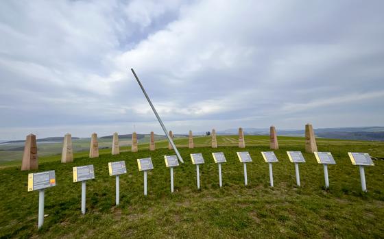 The sundial at the top of the Reiserberg hill near Heiligenmoschel, Germany, is the final station of a planet walk and offers superb views of the surrounding area. 