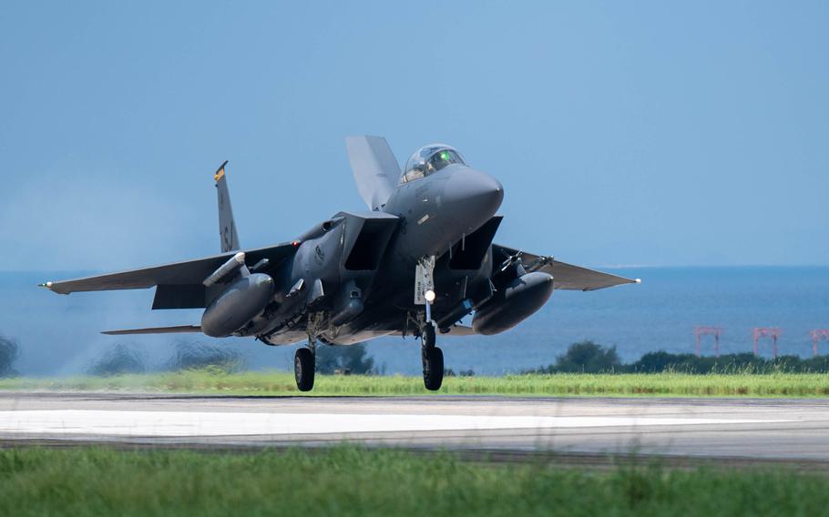 A U.S. Air Force F-15E Strike Eagle lands at Kadena Air Base.