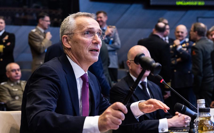 NATO Secretary-General Jens Stoltenberg opens the meeting of the North Atlantic Council in Brussels, April 5, 2023. Stoltenberg warned China against supplying Russia with weapons for its war in Ukraine, saying such a move would carry serious consequences.