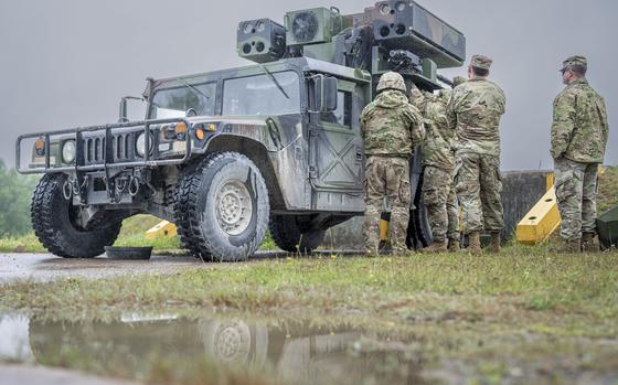 Soldiers assigned to 5th Battalion, 4th Air Defense Artillery Regiment train on the Avenger Air Defense System in Grafenwoehr, Germany, on July 28, 2023. A German man stole one of the unit's Humvees this week and took it for a joyride while intoxicated, Ansbach police said Wednesday.