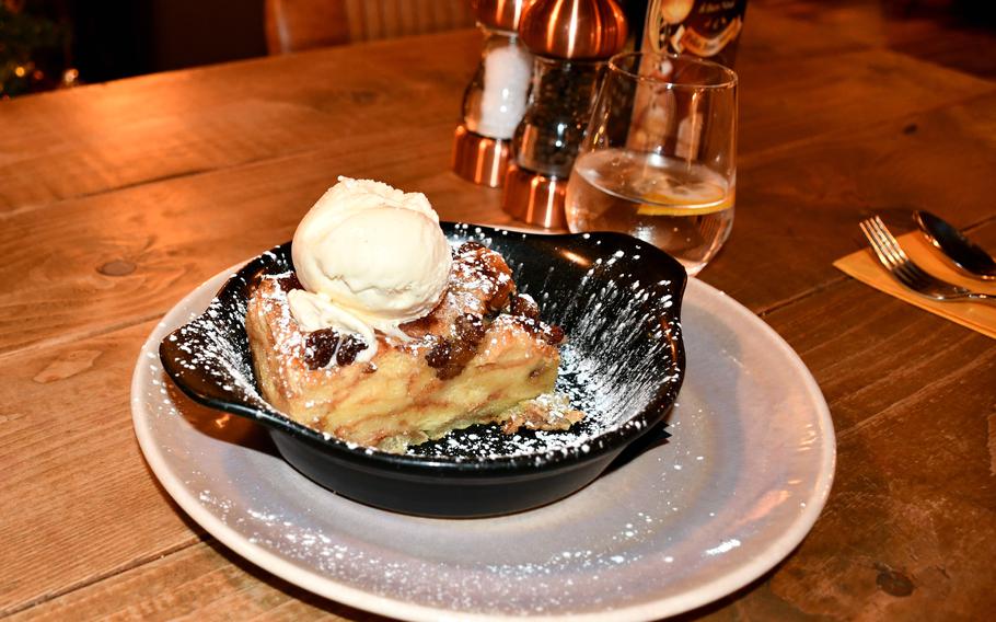 The bread-and-butter pudding at Mangiare Ristorante Italiano in Newmarket, England, is a standout on the restaurant's dessert menu.