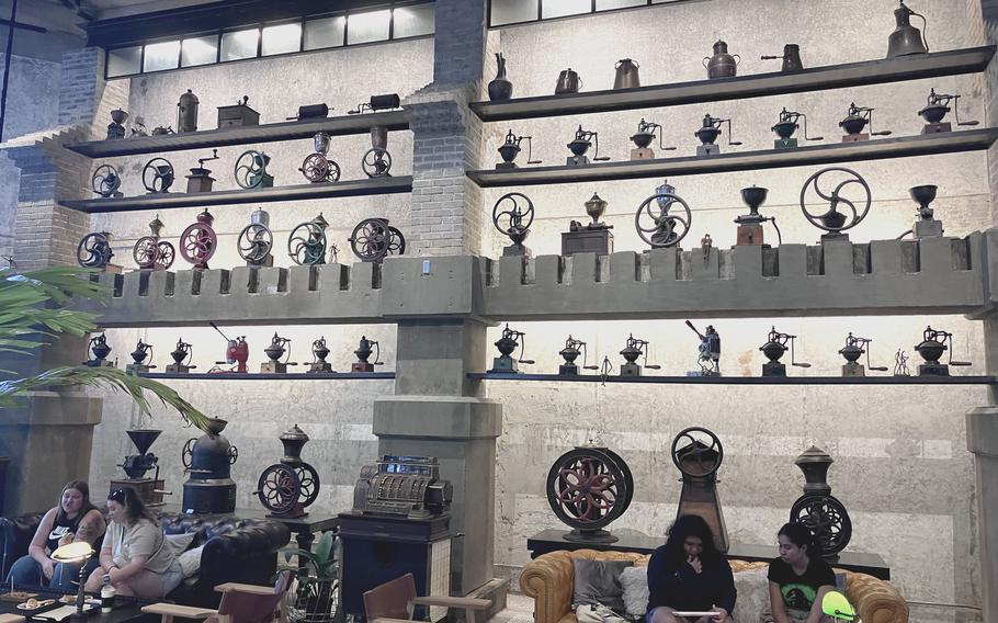 The interior décor at Slowak Coffee Roasters in Maina, Guam, resembles a coffee museum or a collector’s hoard of coffee paraphernalia.