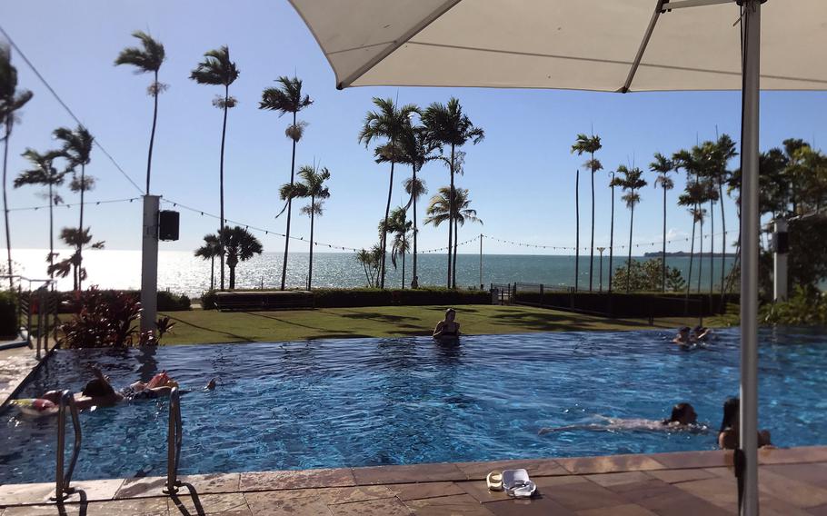 The outdoor pool at Mindil Beach Casino, which looks out over the sand, is a more popular option than the sea at Darwin, Australia. 