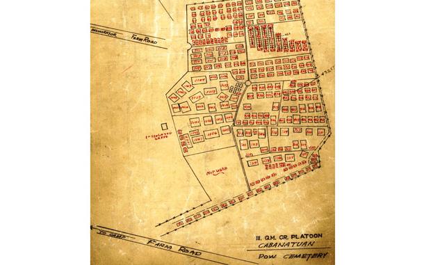 A sepia-toned map with black and red markings sketching out the layout of a camp and cemetery.