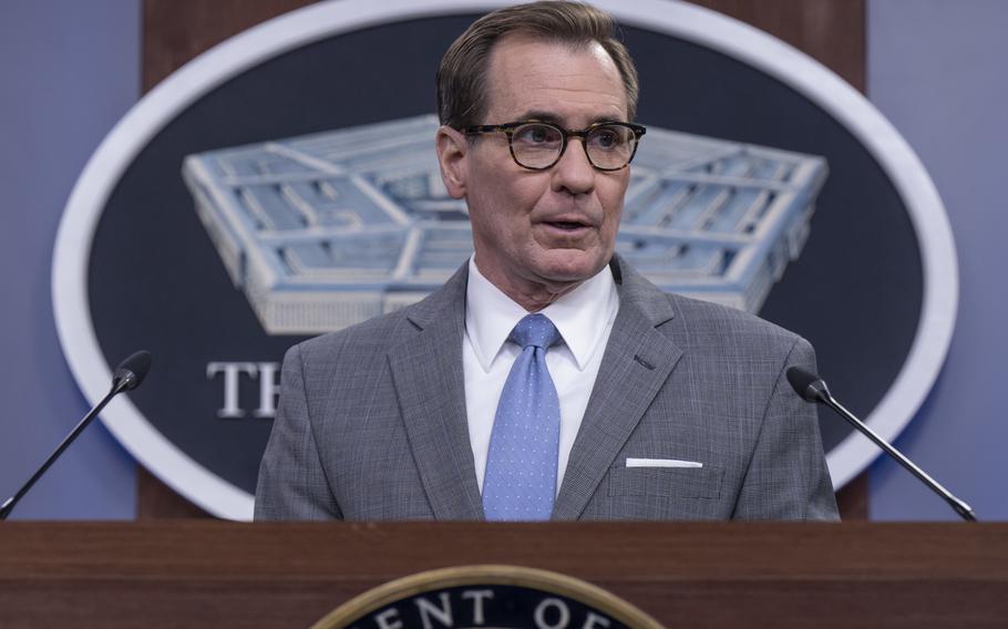 Chief Pentagon spokesman John Kirby speaks during a news briefing at the Pentagon on April 18, 2022. 