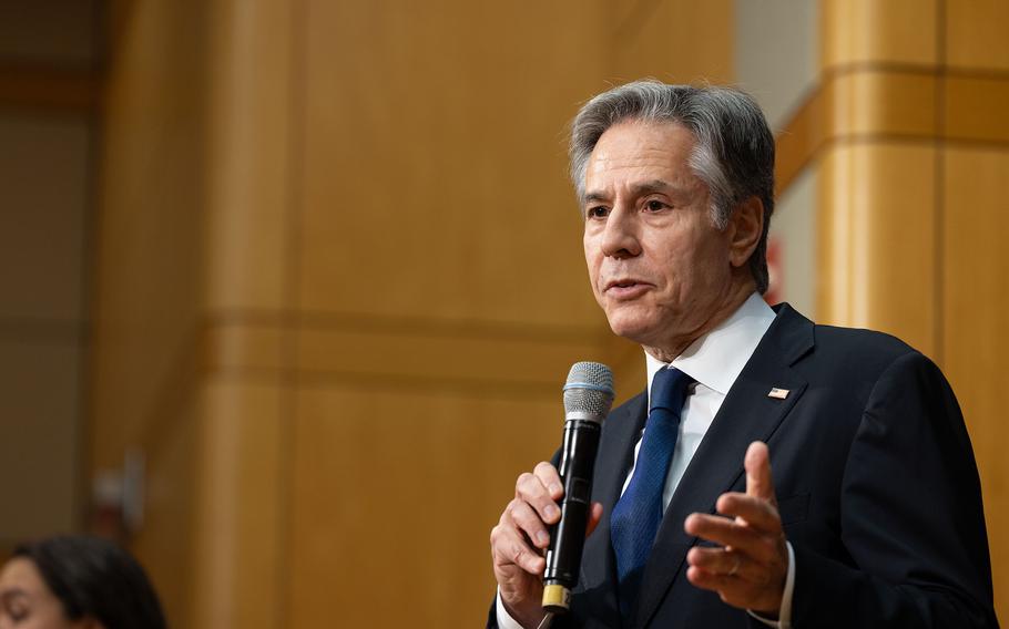 Secretary of State Antony J. Blinken participates in a open forum on Fentanyl at the U.S. Department of State in Washington on July 17, 2023.