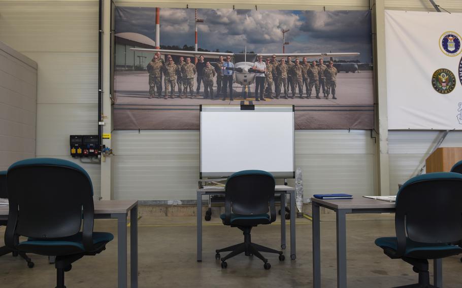 The schoolhouse inside the new Airframe and Powerplant training and testing facility at Ramstein Air Base, Germany, Nov. 15, 2022. The Federal Aviation Administration certified the center Wednesday, the first such training program of its kind overseas and on a U.S. military base.