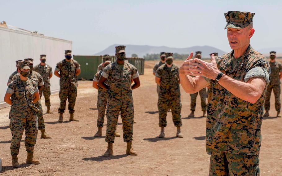 Maj. Gen. Stephen M. Neary, then the commander of Marine Forces Europe and Africa, speaks to Marines from Special Purpose Marine Air-Ground Task Force-Crisis Response-Africa 20.2, at Moron Air Base, Spain, July 27, 2020. A Marine Corps internal investigation determined Neary engaged in offensive conduct that violated Corps standards for leadership when he used a racial slur while speaking to junior troops. Neary said he repeated the word to teach the Marines.