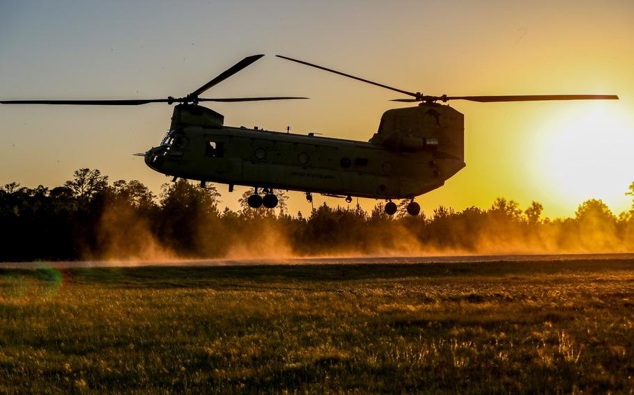 Paratroopers with the 1st Battalion, 505th Parachute Infantry Regiment, 3rd Brigade Combat Team of the 82nd Airborne Division prepare to conduct air-assault training from a CH-47 Chinook helicopter at the Joint Readiness Training Center at Fort Polk, La., April 30, 2023. 