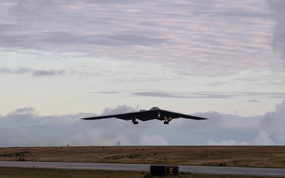 A B-2 Spirit assigned to Whiteman Air Force Base, Mo., departs from Keflavik Air Base, Iceland, on Sept. 11, 2021.