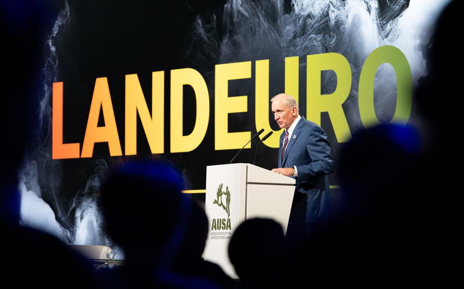 Retired Army Gen. Robert Brown, president and CEO of the Association of the U.S. Army, speaks at LandEuro in Wiesbaden, Germany, July 16, 2025.