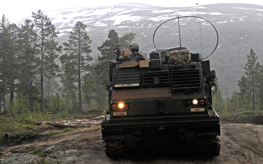 Soldiers assigned to 1st Battalion, 6th Field Artillery Regiment, 41st Field Artillery Brigade maneuver during Exercise Thunderbolt on June 10, 2021 in Setermoen, Norway. The soldiers fired the Multiple Launch Rocket System in Norway for the first time in more than 25 years.