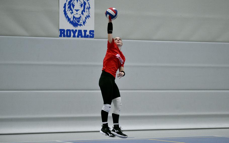 Red Team's Audrey Garrison of Wiesbaden serves during a DODEA-Europe all-star volleyball match on Nov. 4, 2023, at Ramstein High School on Ramstein Air Base, Germany.